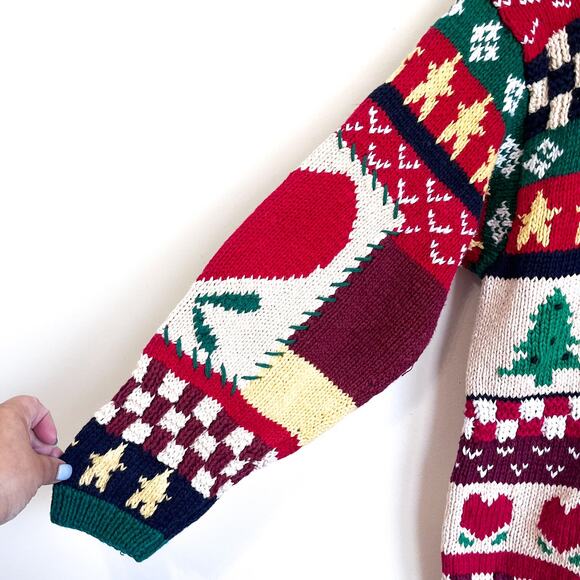 Vintage 90s The Eagles Eye Hand Knit Christmas Sweater Size M Patchwork Holiday - Picture 5 of 13